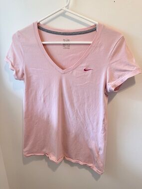 Nike Women's Light Pink V-Neck Short Sleeve Tee with Pink Swoosh